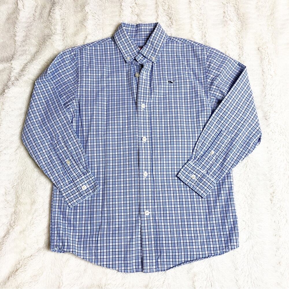 Vineyard Vines blue white plaid button down long sleeve shirt size Small 8-10
